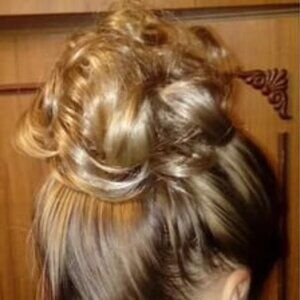 Two-Blonde hair extension combs for a mussy bun or an opera do